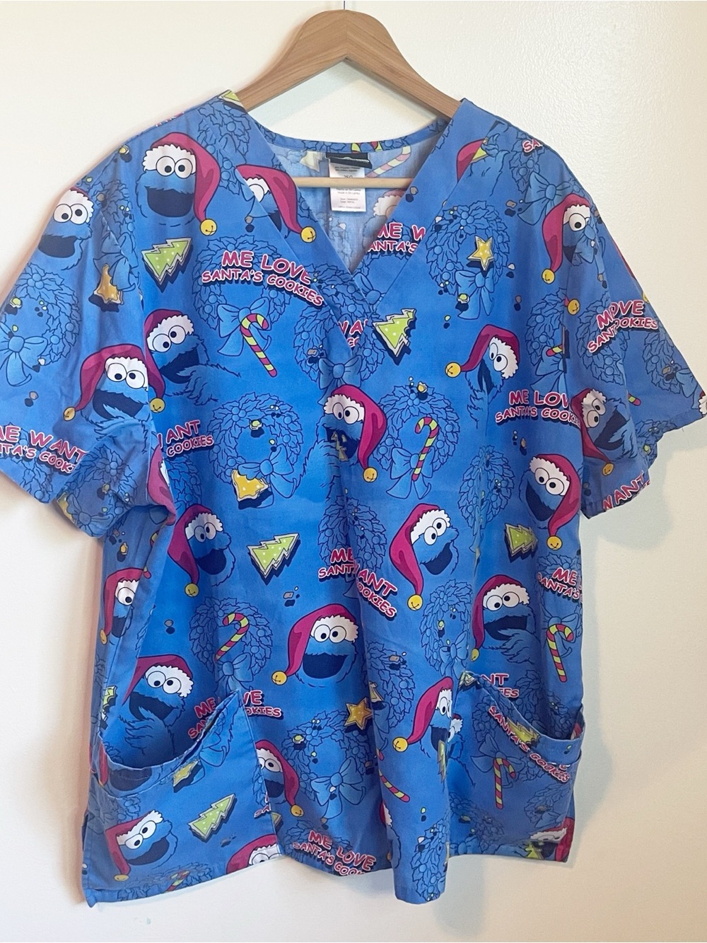 Sesame Street Blue Cookie Monster Holiday Scrub Top Size 2X #100